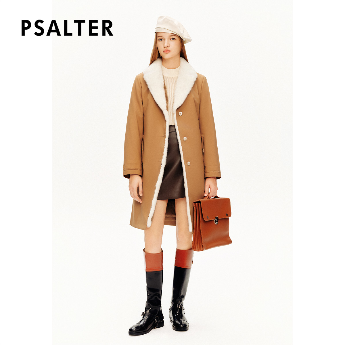 诗篇专选撞色翻领水貂毛内胆系带收腰风衣款大衣皮草冬款