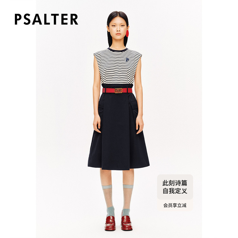 [智性学院风]PSALTER诗篇圆领条纹拼接假两件无袖连衣裙夏