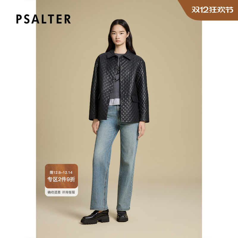 诗篇专选微腊感菱形格落肩式宽松皮棉服2025冬季新款