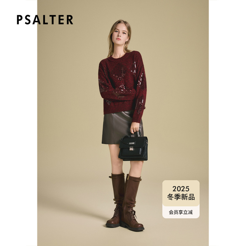 诗篇专选复古枣红圆领亮片套头长袖针织衫2025冬季新款