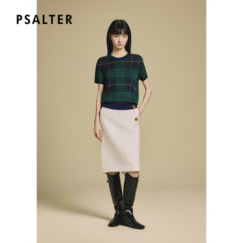 PSALTER诗篇学院风格纹图案圆领短袖格子女装针织衫