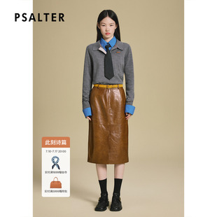 PSALTER诗篇油蜡绵羊皮高腰直筒开叉皮裙半身裙秋款