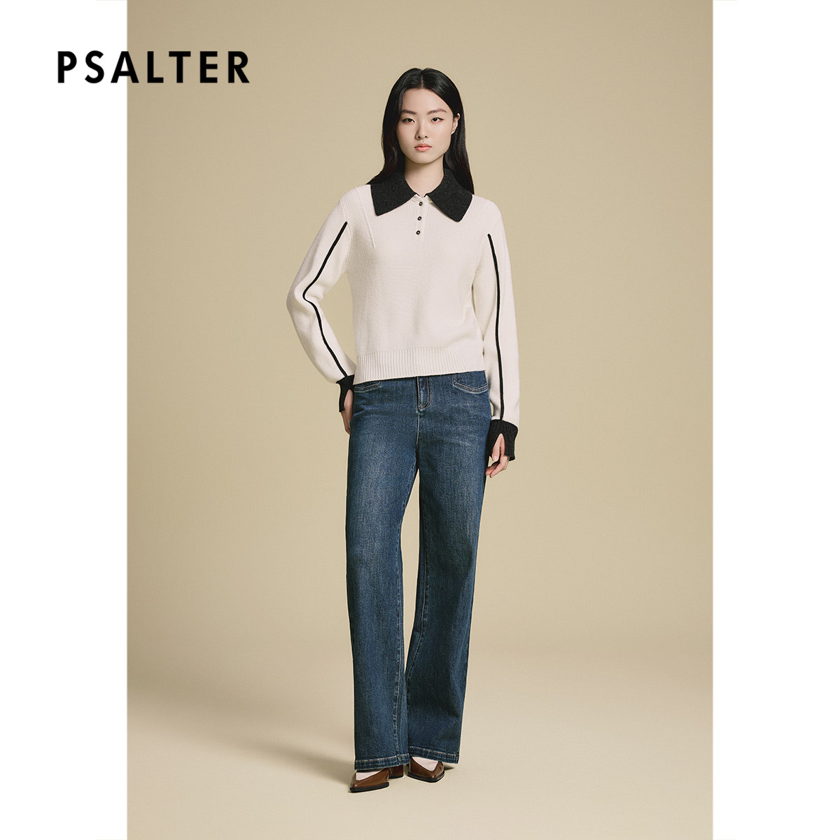 诗篇专选学院大翻领三粒扣撞色毛针织上衣2025冬款