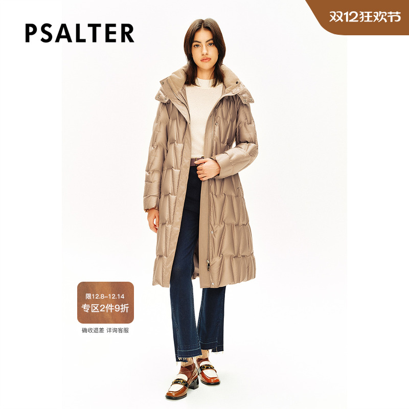 诗篇专选金驼缎面直充防钻绒白鸭绒长款连帽羽绒服冬款