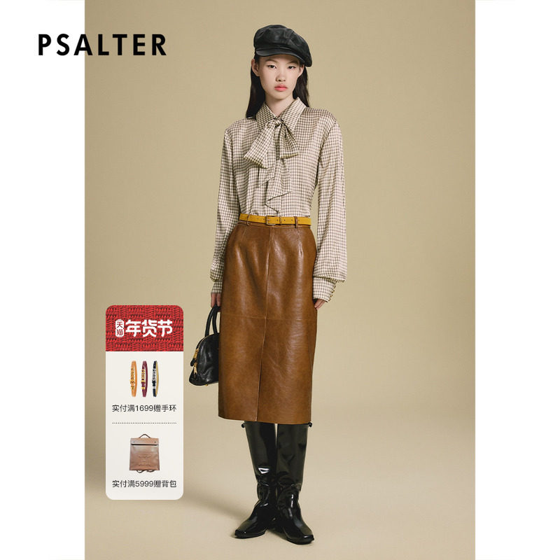 PSALTER诗篇复古格纹缎面垂坠飘带衬衫女2025秋款
