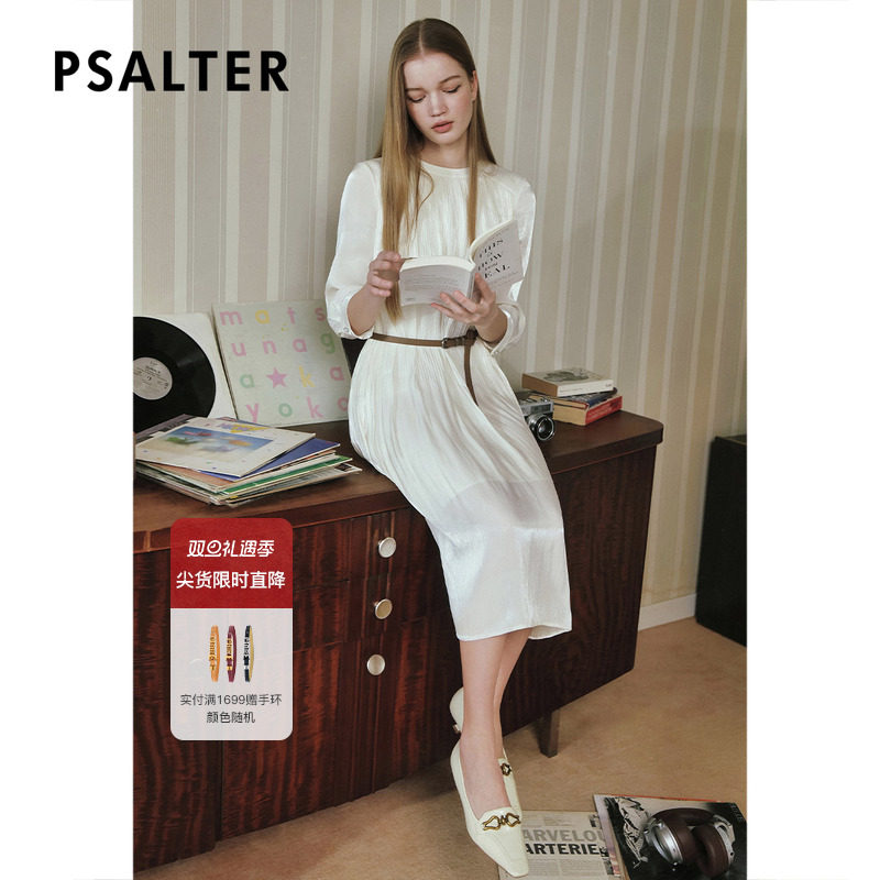诗篇专选艺术感不规则压褶撞色皮带七分袖修身连衣裙2025春季新款