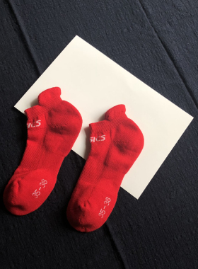 红色毛巾底袜子女短筒跑步吸汗运动带耳朵帅