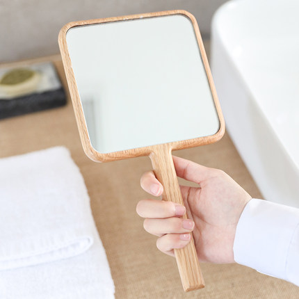 实木LED手柄化妆镜 充电带灯手拿梳妆镜子女生便携补光镜LOGO定制