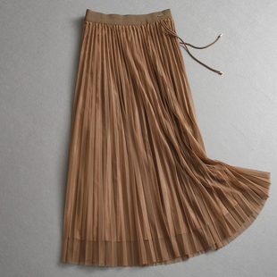 「优雅轻奢温柔雅致」飘带纯色松紧腰百褶裙网纱裙中长半身裙L282