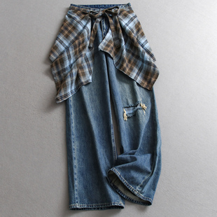 牛仔裤 女裤 V419 直筒裤 格纹屁帘真两件高腰显瘦宽松复古破洞阔腿裤