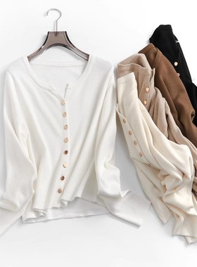 纯色薄款显瘦短款半开领排扣外套开衫春秋新款温柔风女针织衫B461
