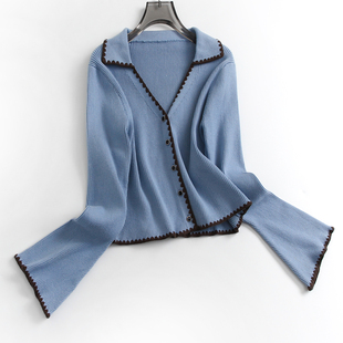 开衫 复古撞色翻领显瘦气质毛衣上衣秋季 减龄女针织衫 长袖 F212 新款