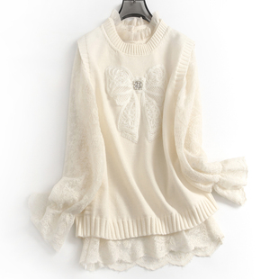 钉珠蝴蝶结减龄甜美减龄两件套圆领长袖 气质感女毛衣J332 针织线衫