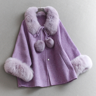 甜美减龄可拆卸毛领毛球系带蝙蝠袖 双面呢羊毛大衣毛呢外套女Q295
