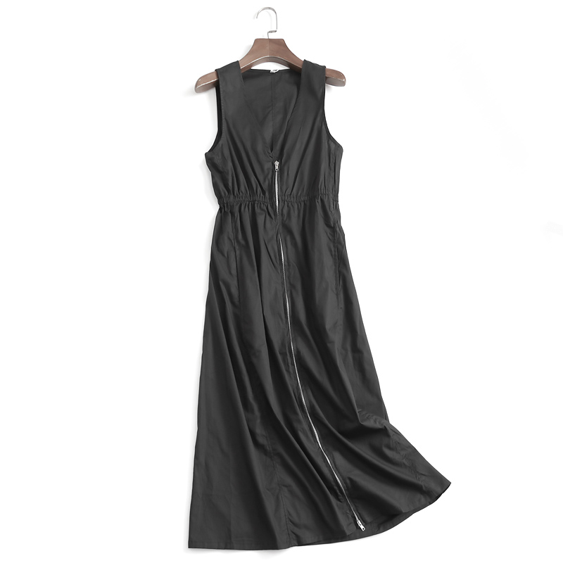 纯色背心裙拉链纯色V领长裙女裙