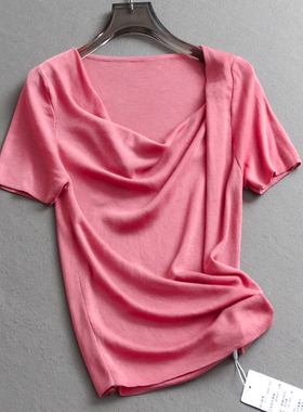 纯色凉感薄款柔软亲肤堆堆领夏季新款通勤百搭短袖女针织T恤X510