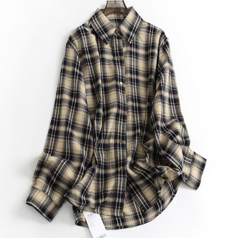 蓝色格子宽松显瘦纯棉翻领女衬衫