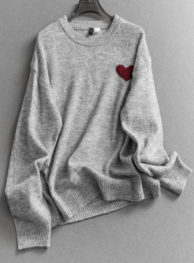 撞色爱心圆领宽松慵懒软糯亲肤毛衣2025冬季新款长袖女针织衫Q041