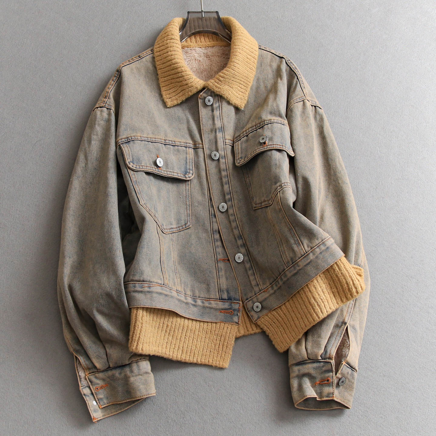 撞色针织拼接加绒加厚保暖女外套