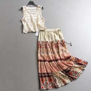 波西米亚度假风镂空针织无袖 C264 背心可配一整套印花长裙女套装