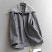 长袖 针织拼接大翻领双面呢宽松绵羊毛大衣冬季 新款 女毛呢外套Q045