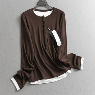 打底T恤女W269 显瘦长袖 撞色假两件显瘦亨利领肌底衣2026春季 新款