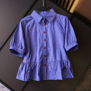 百搭衬衫 2025短袖 女L862 新款 格子捏褶荷叶边衣摆翻领亲肤舒适夏季