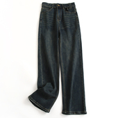 女阔腿牛仔裤 复古蓝水洗做旧遮跨高腰显腿长宽松直筒裤 拖地裤 F943