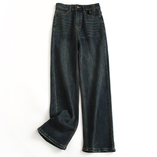 F943 女阔腿牛仔裤 复古蓝水洗做旧遮跨高腰显腿长宽松直筒裤 拖地裤