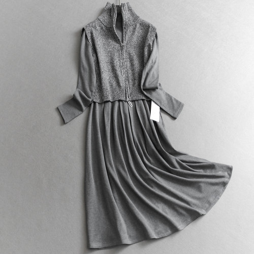 收腰褶皱两件套裙套装长袖连衣裙