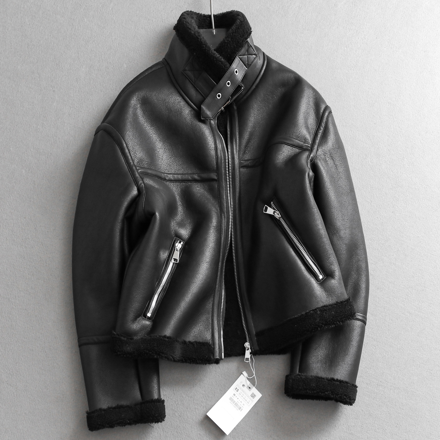 复古风加绒加厚纯色立领宽松皮衣