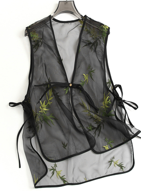 新中式国风纱面绣花网纱马甲女夏季复古宽松薄款气质坎肩马夹D061