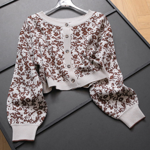 短款 复古撞色碎花软糯圆领针织衫 长袖 新款 毛衣女B657 外套2025秋季