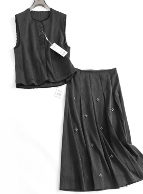 蕾丝换边线衫圆领纽扣开衫无袖背心马甲订钻百褶半身裙女套装F720