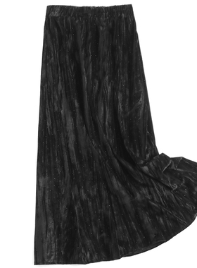 烫钻丝绒褶皱松紧腰显瘦a字裙气质百搭长裙女腰裙高腰半身裙J320