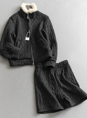 撞色仿羊羔绒翻领加绒加厚绞花针织外套阔腿短裤一整套女套装W022