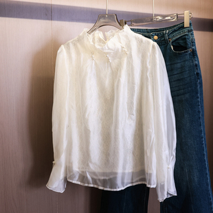 减龄女衬衫 法式 喇叭袖 新款 V911 钉珠立领独特漂亮宽松显瘦2025秋季