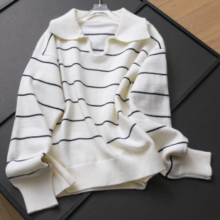 女针织衫 长袖 B660 新款 撞色条纹宽松慵懒风POLO领打底毛衣2025冬季