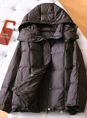 90鹅绒！高蓬松纯色宽松廓形连帽防风保暖长袖外套女装羽绒服Q200