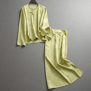 新中式国风温婉提花斜襟盘扣长袖衬衫一整套穿搭半身裙女套装L411