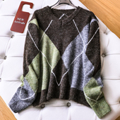 松弛慵懒撞色菱格圆领宽松套头毛衣软糯亲肤保暖长袖 针织衫 女Q802