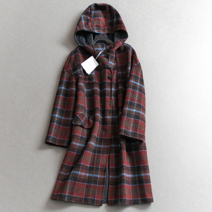 毛呢外套M375 女装 绵羊毛混纺复古格纹双面呢连帽长款 大衣显瘦长袖