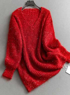 慵懒随性重工闪闪亮片V领宽松套头毛衣2025冬季新款女针织衫M976