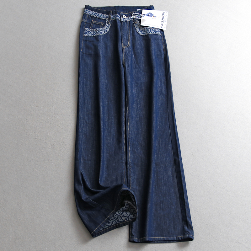 印花拼接高腰显瘦宽松阔腿牛仔裤