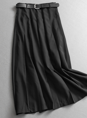 黑色配腰带高腰显瘦百褶裙通勤百搭大摆裙a字裙女长裙半身裙V107