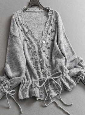 圆球镂空钩花宽松系带毛衣2025秋季新款温柔慵懒长袖女针织衫V529