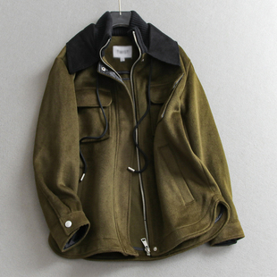 撞色拼接双层领宽松含羊毛保暖休闲双面呢大衣长袖 女毛呢外套Q285