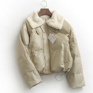 机车服女装 2022长袖 外套羽绒服 新款 G246纯色毛绒翻领皮革保暖冬季