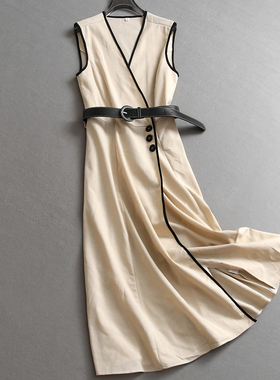 撞色包边系腰带显瘦修身V领亚麻混纺无袖背心裙女长裙连衣裙C205