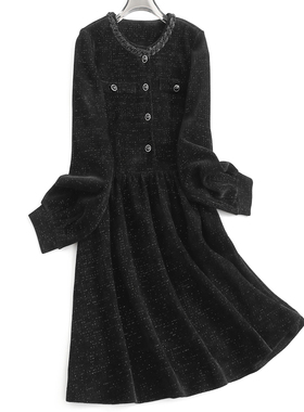 黑色赫本风收腰显瘦修身闪闪的小黑裙长袖钉珠圆领女裙连衣裙J314